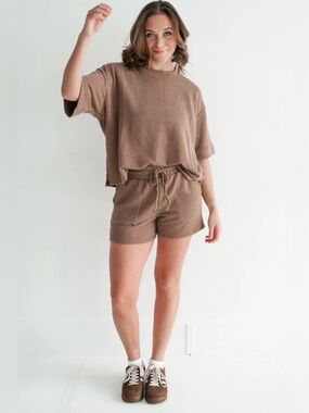 Zenana Boutique Ribbed Brown Short Sleeve & Short Set, Small